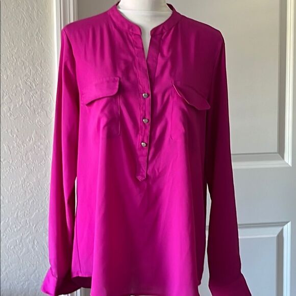 Ivanka Trump Magenta Pink Popover Blouse Roll Tab Sleeves w Slide Buckle Sz M - Picture 1 of 7